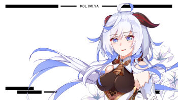 1girl absurdres ahoge artist_name bare_shoulders bell black_bodystocking blue_eyes blue_hair bodystocking breasts commentary_request cosplay detached_sleeves dress floating_hair ganyu_(genshin_impact) ganyu_(genshin_impact)_(cosplay) genshin_impact goat_girl goat_horns highres horns kolimiya large_breasts long_hair looking_ahead neck_bell open_mouth original smile solo swept_bangs upper_body white_background white_dress