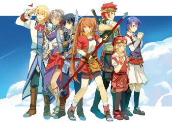 3boys 4girls agate_crosner ahoge armor bandaged_arm bandages belt bike_shorts black_hair blonde_hair blue_eyes boots breasts brown_hair cleavage cloud cloudy_sky coat cross-laced_clothes cross-laced_footwear dagger day dress eiyuu_densetsu estelle_bright facial_mark falcom forehead_mark gloves goggles goggles_on_headwear green_eyes hair_intakes hairband hand_on_own_chest hat headband heart highres hwertur jacket jewelry joshua_bright kloe_rinz knife long_hair looking_at_viewer medium_breasts miniskirt multiple_boys multiple_girls neck_ribbon necklace olivert_reise_arnor open_mouth overalls own_hands_clasped own_hands_together pants pauldrons profile purple_dress purple_eyes purple_hair red_eyes red_hair ribbon salute sandals sarong scherazard_harvey school_uniform shoes short_hair shorts shorts_under_skirt shoulder_armor silver_hair single_pauldron skirt sky smile socks sora_no_kiseki spiked_hair staff sword tita_russell twintails two-finger_salute weapon weapon_on_back whip yellow_eyes