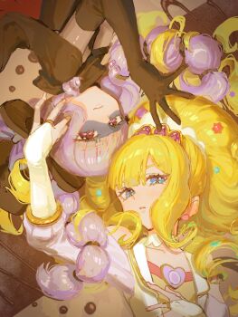 black_dress black_gloves blonde_hair blue_eyes braid bridal_gauntlets closed_mouth clothing_cutout cure_finale delicious_party_precure detached_collar dress dual_persona earrings elbow_gloves expressionless eye_mask fingernails flat_chest gentlu_(precure) gloves grey_mask hair_between_eyes hair_bobbles hair_ornament hand_on_own_chest hand_up high_ponytail jewelry kasai_amane kinakuridon long_hair looking_at_viewer lying magical_girl mask on_back on_side parted_lips ponytail precure purple_eyes purple_hair rotational_symmetry shoulder_cutout sketch smile star_(symbol) star_hair_ornament three-quarter_sleeves tiara twin_braids upside-down white_bridal_gauntlets yellow_dress