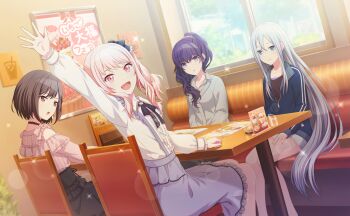 1other 25-ji_nightcord_de._(project_sekai) 3girls :d akiyama_mizuki asahina_mafuyu black_choker black_ribbon black_shirt black_skirt blue_eyes blue_jacket blurry bokeh brown_eyes brown_hair center_frills chair choker collared_shirt colorful_palette depth_of_field frilled_shirt frilled_skirt frills game_cg grey_shirt hair_between_eyes highres itsuka_zetsubou_no_soko_kara_(project_sekai) jacket long_hair long_sleeves looking_at_viewer medium_hair menu multiple_girls official_art open_mouth pink_eyes pink_hair pink_shirt project_sekai puffy_long_sleeves puffy_sleeves purple_eyes purple_hair purple_skirt ribbon shinonome_ena shirt side_ponytail sitting skirt smile sparkle suspender_skirt suspenders table third-party_source white_hair white_shirt window yoisaki_kanade