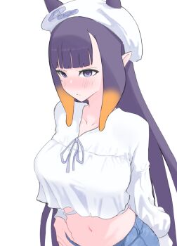 1girl absurdres beret blush breasts closed_mouth crop_top gradient_hair hat highres hololive hololive_english large_breasts long_hair mole mole_under_eye multicolored_hair navel ninomae_ina&#039;nis nose_blush orange_hair purple_hair scnd_hanaxavier shirt simple_background solo tentacle_hair virtual_youtuber white_background white_shirt