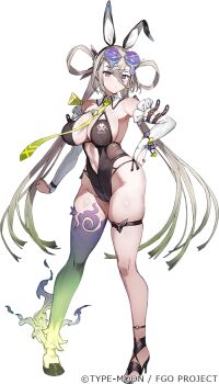 1girl animal_ears arm_strap bare_shoulders black_one-piece_swimsuit black_shoes blush bow bracelet breasts bridal_gauntlets cleavage clothing_cutout commentary_request company_name copyright_name copyright_notice elbow_gloves english_text eyewear_on_head fake_animal_ears fate/grand_order fate_(series) fire full_body game_cg gloves gradient_hair green_fire green_hair green_necktie grey_hair hair_bow hair_ornament hair_rings hairclip hand_on_own_hip highleg highleg_one-piece_swimsuit hooves huyan_zhuo_(fate) huyan_zhuo_(swimsuit_berserker)_(fate) jewelry large_breasts long_hair looking_at_viewer multicolored_hair navel necktie novelty_glasses official_art one-piece_swimsuit plunging_neckline purple-tinted_eyewear purple_eyes rabbit_ears sandals shoes single_thighhigh solo standing sunglasses swimsuit tachi-e thigh_strap thighhighs tinted_eyewear toridamono transparent_background twintails white_gloves