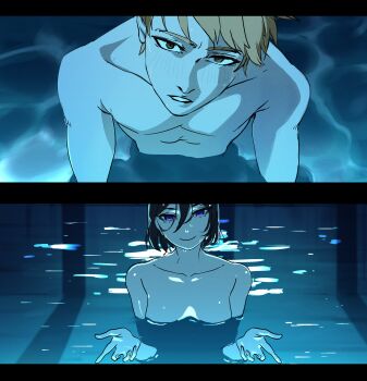 absurdres bleach chainsaw_man denji_(chainsaw_man) highres kuchiki_rukia kurosaki_ichigo meme nude pool reze_(chainsaw_man) short_hair