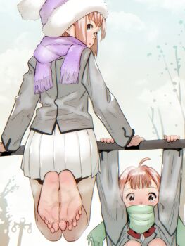 2girls barefoot beanie blush brown_eyes brown_hair feet hat highres long_hair looking_at_viewer looking_back medium_hair multiple_girls parted_lips scarf soles soon_(c-u-soon) steam toes