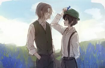 Rule 34 | 1boy, 1girl, archived source, arm behind back, black eyes, black hair, black pants, black suspenders, blue flower, brown eyes, brown hair, children of the rune, cloud, collared shirt, curtained hair, day, dress pants, dress shirt, flower, green hat, green vest, hat, highres, honey3apple, ispin charles, looking at another, maximin liebkne, muted color, open mouth, outdoors, pants, parted bangs, profile, rectangular eyewear, reeds, rimless eyewear, shirt, shirt partially tucked in, sleeve cuffs, straight hair, suspenders, tales weaver, talking, teeth, tongue, upper teeth only, vest, waistcoat, white shirt, white sleeves, wing collar