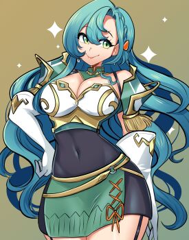 1girl absurdres aqua_hair armor bare_shoulders bodystocking bow braid breastplate breasts chloe_(fire_emblem) cleavage covered_navel earrings fire_emblem fire_emblem_engage gloves green_eyes highres large_breasts long_hair looking_at_viewer missandydandy nintendo orange_bow shoulder_armor side_braid smile solo teardrop_earrings white_gloves