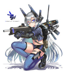 Rule 34 | 1girl, assault rifle, backpack, bag, blue eyes, blue gloves, breasts, gia, glasses, gloves, grey hair, gun, headgear, highres, holding, holding gun, holding weapon, long hair, looking at viewer, mecha musume, medium breasts, original, rifle, science fiction, semi-rimless eyewear, shadow, short shorts, shorts, signature, solo, squatting, thigh strap, thighhighs, trigger discipline, under-rim eyewear, very long hair, weapon, white background
