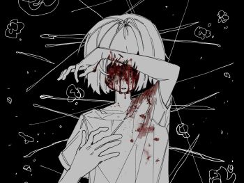 ambiguous_gender arms_up black_background blood blood_on_clothes blood_on_face blunt_bangs covering_face highres limited_palette loose_clothes original scribble_background self-harm_scar shirt short_hair short_sleeves upper_body wrist_cutting zer0h