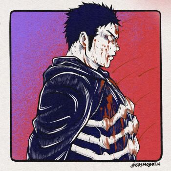 1boy blood blood_on_clothes blood_on_face bone border csmbtc dorohedoro highres kai_(dorohedoro) limited_palette long_sleeves looking_ahead male_focus mature_male medium_sideburns short_hair solo sweat upper_body white_border wide-eyed