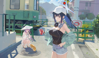 2girls absurdres atsuko_(blue_archive) black_camisole black_hair blue_archive blue_eyes blue_hair blue_shorts blue_sky boom_barrier breasts building bush camisole cat closed_eyes cloud day halo hand_on_own_hip hat headphones headphones_around_neck highres house huomianbao39445 large_breasts long_hair looking_at_viewer manhole_cover multiple_girls outdoors purple_hair railroad_crossing red_eyes road saori_(blue_archive) shadow shorts sky solo squatting standing streetcar sun_hat thighs torn_clothes torn_shorts white_hat