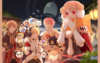 2boys 2girls amistr_(ragnarok_online) bell belt_collar black_pants black_shorts black_sky blonde_hair blush bowl bracelet breasts brown_capelet brown_dress brown_eyes brown_gloves brown_hair brown_horns cape capelet chopsticks cleavage closed_mouth coat collar copyright_notice creator_(ragnarok_online) creature cross cross_necklace cross_of_prontera cross_scar curled_horns deviruchi dress endo_mame expressionless food fur-trimmed_coat fur_trim gloves gold_trim guest_art headphones highres holding holding_bowl holding_chopsticks horns imagining jewelry logo long_hair looking_at_viewer medium_breasts multiple_boys multiple_girls navel necklace night night_sky noodles official_art official_wallpaper open_clothes open_coat open_mouth pants pink_hair plunging_neckline ragnarok_online ramen red_cape red_coat red_eyes red_shirt rogue_(ragnarok_online) scar scar_on_chest shirt short_hair shorts sky smile spiked_bracelet spikes star_(sky) starry_sky sura_(ragnarok_online) topless_male upper_body white_gloves wizard_(ragnarok_online) yellow_eyes