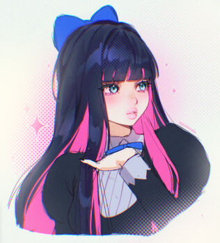 1girl aegyo_sal aqua_eyes artist_name black_hair black_shirt blue_bow blue_bowtie blunt_bangs bow bowtie chromatic_aberration collar colored_inner_hair cropped_arm cropped_torso eyelashes film_grain four-pointed_star hair_bow halftone hand_on_own_chest highres juliet_sleeves long_sleeves looking_to_the_side multicolored_hair noisykoala panty_&amp;_stocking_with_garterbelt parted_lips pink_bow pink_streaks puffy_sleeves shirt sketch stocking_(psg) straight_hair teeth thick_lips white_background white_collar
