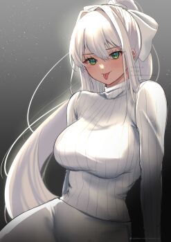 1girl absurdres alternate_costume alternate_hair_color artist_name bow breasts doki_doki_literature_club eyelashes eyelashes_through_hair green_eyes hair_between_eyes hair_bow hair_intakes highres horse_girl mi_tarou0412 monika_(doki_doki_literature_club) patreon_logo patreon_username short_hair sweater tongue tongue_out very_short_hair white_hair