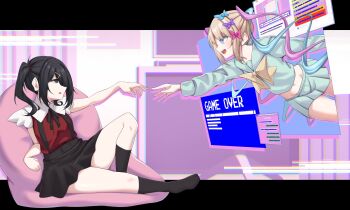 2girls :d adachi_t_(xadachit) ame-chan_(needy_girl_overdose) belt black_eyes black_hair black_ribbon black_skirt black_socks blonde_hair blue_bow blue_eyes blue_hair blue_sailor_collar blue_serafuku blue_shirt blue_skirt blush bow bowtie breasts chouzetsusaikawa_tenshi-chan commentary commission contrast_collar crop_top cropped_shirt dual_persona english_commentary fine_art_parody full_body hair_between_eyes hair_bow highres knee_up kneehighs long_hair long_sleeves looking_at_another medium_breasts midriff miniskirt multicolored_hair multiple_girls navel neck_ribbon needy_girl_overdose open_mouth outstretched_arms parody pink_bow pink_hair pleated_skirt purple_bow reaching reaching_towards_another reclining red_shirt ribbon sailor_collar school_uniform serafuku shirt short_sleeves sidelocks sitting skirt smile socks streaked_hair teeth the_creation_of_adam thighs twintails upper_teeth_only very_long_hair yellow_bow yellow_bowtie