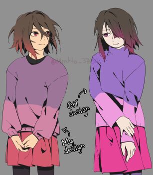 2girls ahoge alternate_design alternate_universe arrow_(symbol) bete_noire black_pantyhose black_shirt breasts brown_hair closed_mouth commentary cowboy_shot double-parted_bangs dual_persona english_commentary eye_contact fingernails glitchtale gradient_hair grey_background hair_between_eyes hand_on_own_arm highres long_sleeves looking_at_another medium_hair messy_hair miniskirt mrntta_3704 multicolored_hair multiple_girls one_eye_covered own_hands_together pantyhose pink_eyes pink_hair pink_skirt pink_sweater pleated_skirt puffy_long_sleeves puffy_sleeves purple_pantyhose purple_sweater red_eyes red_hair red_skirt shirt shirt_under_sweater short_hair simple_background skirt small_breasts smile standing sweater twitter_username two-tone_hair two-tone_sweater undertale utdr_(toby_fox) v_arms