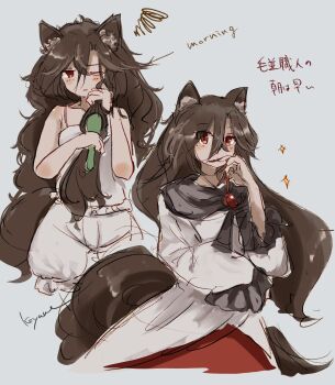 animal_ears brown_hair brushing_hair commentary_request grey_background hair_brush highres imaizumi_kagerou koyane_(silver81106) long_hair one_eye_closed red_eyes tail touhou translation_request very_long_hair wolf_ears wolf_tail