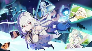 1girl absurdres aged_down aurora bare_shoulders blue_dress blue_gloves blue_thighhighs breast_strap breasts chest_strap cleavage closed_eyes closed_mouth collarbone dress elbow_gloves feather_hair_ornament feathers fire flashback flying full_body genshin_impact gloves grass guitar hair_ornament high_heels highres holding holding_guitar holding_instrument in_tree instrument large_breasts looking_at_another looking_to_the_side lying multicolored_gloves multicolored_hair multicolored_thighhighs multiple_views music niadn_nb night night_sky on_back open_mouth playing_guitar playing_instrument purple_gloves purple_hair purple_sky purple_thighhighs red_eyes short_dress sitting sitting_in_tree skirk_(genshin_impact) skirk_(young)_(genshin_impact) sky smile solo star_(sky) streaked_hair teeth thighhighs tree upper_teeth_only white_dress white_hair