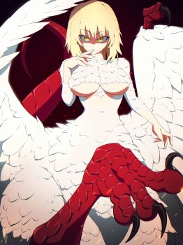 1girl absurdres black_background blonde_hair body_fur breasts centauroid chimera claws closed_mouth commentary covered_collarbone covered_navel cowboy_shot deogie dragon_tail dungeon_meshi english_commentary falin_touden falin_touden_(chimera) feathered_wings feathers hair_between_eyes hand_up highres large_breasts looking_at_viewer medium_hair monster_girl red_scales shaded_face sidelocks simple_background slit_pupils solo standing standing_on_three_legs tail taur underboob white_feathers wings yellow_eyes