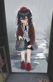 1girl bag black_hair black_ribbon black_skirt brown_jacket bunbunmaru clenched_teeth closed_eyes collared_shirt commentary_request crying double-parted_bangs full_body geta hair_between_eyes hat highres holding holding_newspaper jacket kanpa_(campagne_9) long_sleeves medium_hair neck_ribbon newspaper pointy_ears pom_pom_(clothes) puddle rain red_hat red_shoes ribbon shameimaru_aya shirt shoes shoulder_bag skirt socks solo standing teeth tengu-geta tokin_hat touhou water wet white_shirt white_socks