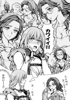 2girls alma_(monster_hunter_wilds) aqua_bandana bandana black-framed_eyewear blush breasts brown-framed_eyewear brown_eyes brown_hair cleavage commentary_request glasses green_bandana greyscale highres jacket jewelry large_breasts long_hair looking_at_viewer monochrome monster_hunter_(character) monster_hunter_(series) monster_hunter_wilds multiple_girls necklace open_mouth reitomo smile translation_request yuri
