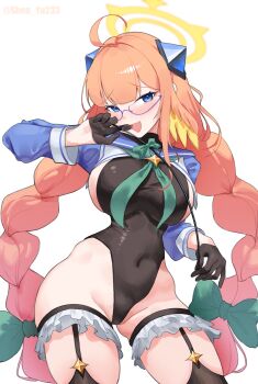1girl absurdres ahoge black_gloves black_leotard black_thighhighs blue_archive blue_eyes blue_sailor_collar blue_shrug blush braid breasts commentary_request covered_navel fang glasses gloves green_neckerchief groin hair_ornament halo highres large_breasts leotard long_hair looking_at_viewer magical_girl navel neckerchief official_alternate_costume open_mouth orange_hair purple-framed_eyewear riding_crop sailor_collar shimiko_(blue_archive) shimiko_(magical)_(blue_archive) shinba233 shrug_(clothing) sideboob skin_fang smile solo thighhighs thighs twin_braids very_long_hair yellow_halo