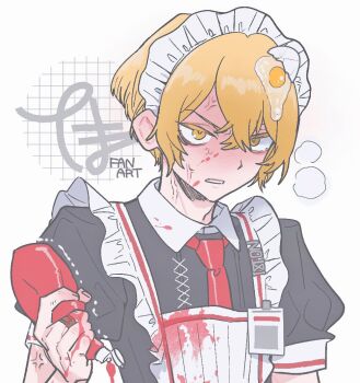 1boy angry apron black_dress blonde_hair clenched_hand commentary_request cracked_egg crossdressing crossdressing_(mtf) dress egg id_card limbus_company maid maid_headdress male_maid necktie parted_lips project_moon puffy_short_sleeves puffy_sleeves red_necktie short_sleeves simple_background sinclair_(project_moon) solo squeezing tama_launcher white_apron white_background yellow_eyes
