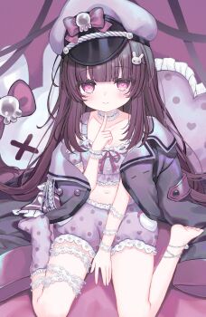 1girl absurdres anklet bed between_legs blush choker closed_mouth commentary fallenshadow feet finger_to_own_chin frilled_pajamas frilled_pillow frilled_shirt frilled_shorts frills full_body hair_ornament hand_between_own_legs hat heart heart-shaped_pillow highres indie_virtual_youtuber jacket jacket_partially_removed jewelry long_hair looking_at_viewer navel on_bed pajamas peaked_cap pillow polka_dot polka_dot_pajamas purple_eyes purple_hat purple_jacket purple_socks rabbit_hair_ornament shirt shorts shouu-kun single_sock sitting smile socks solo stomach thigh_strap virtual_youtuber wariza