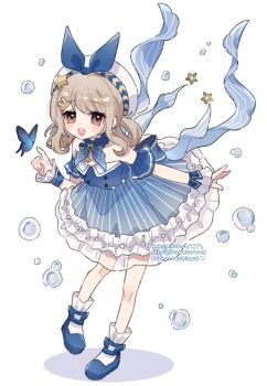 1girl :d artist_name bare_shoulders blue_bow blue_bowtie blue_butterfly blue_dress blue_ribbon blue_shoes blue_sleeves blush bow bowtie brown_eyes brown_hair bug butterfly collarbone commentary detached_sleeves dress frilled_dress frilled_wrist_cuffs frills full_body hand_up hat highres index_finger_raised insect looking_at_viewer open_mouth original ribbon shoes short_hair short_sleeves simple_background smile socks solo standing strapless strapless_dress watermark white_background white_hat white_socks wrist_cuffs yukomeow