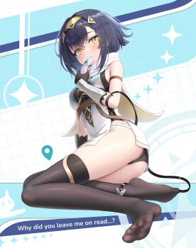 1girl amber_(stella_sora) arm_strap ass bare_shoulders belt black_gloves black_hair black_leotard black_thighhighs breasts brown_belt cellphone cementite commentary_request covered_mouth dot_nose english_text feet flip_phone full_body gloves hair_between_eyes hair_intakes hair_ornament hairclip headpiece highres holding holding_phone leotard leotard_under_clothes light_blush looking_at_viewer medium_breasts no_shoes phone scarf sideboob solo stella_sora thighhighs thighs toes tunic vambraces white_scarf white_tunic yellow_eyes