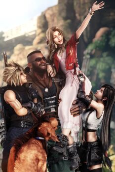 2girls 3boys 3d absurdres aerith_gainsborough arm_up armor barret_wallace belt black_hair black_shirt blonde_hair blue_pants boots bracelet breasts brown_vest buster_sword choker closed_eyes cloud_strife cropped_jacket crossed_arms dog_tags dress earrings facial_scar final_fantasy final_fantasy_vii final_fantasy_vii_remake fingerless_gloves gainsborough_house gloves hair_ribbon highres holding_person jacket jewelry large_breasts long_dress long_hair low-tied_long_hair medium_breasts midriff multiple_boys multiple_girls necklace pants parted_bangs pink_dress pink_ribbon red_fur red_jacket red_xiii ria-neearts ribbon scar scar_on_cheek scar_on_face shirt shoulder_armor sidelocks skirt sleeveless sleeveless_turtleneck spiked_hair square_enix sunglasses suspender_skirt suspenders thighhighs tifa_lockhart turtleneck upper_body vest weapon weapon_on_back white_shirt zettai_ryouiki