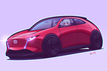 Rule 34 | 1girl, artist name, car, closed mouth, commentary request, driving, expressionless, glowing, grey background, kai55, logo, mazda, mazda vision x-coupe, motor vehicle, original, product placement, red car, red eyes, shadow, simple background, solo, vehicle focus, white hair