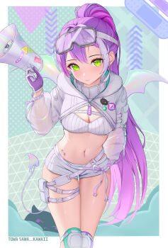 1girl absurdres closed_mouth demon_tail gloves goggles goggles_on_head green_eyes hand_on_back highres hip_tattoo holding holding_megaphone hololive knee_pads long_hair looking_at_viewer lunixx megaphone melting_tail multicolored_hair navel open_mouth ponytail purple_hair shorts smile solo strapless tail tattoo tokoyami_towa tokoyami_towa_(cyberpunk) tube_top virtual_youtuber white_gloves white_shorts white_tube_top