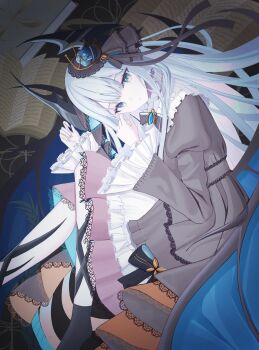 1girl :| black_bow book bow closed_mouth dragon_girl dragon_wings dress full_body gothic_lolita highres horns liber_(twinkle_star_knights) lolita_fashion long_sleeves lying rakyomagi twinkle_star_knights wings