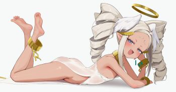 1girl absurdres ass barefoot blue_eyes bracelet breasts chocpocalypse dark-skinned_female dark_skin dress drill_hair fang feathered_wings feet full_body gold_halo grey_hair hair_ornament halo head_wings highres indie_virtual_youtuber jewelry loli lying mesugaki on_stomach open_mouth pointy_ears side_slit sideboob simple_background small_breasts smile smug soles syoka_(vtuber) toes twin_drills virtual_youtuber white_background white_dress white_wings wings