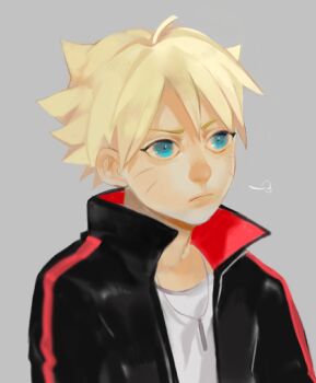 1boy black_jacket blonde_hair blue_eyes boruto:_naruto_next_generations commentary facial_mark frown jacket jewelry male_focus naruto_(series) necklace ohnopp profile solo upper_body uzumaki_boruto whisker_markings