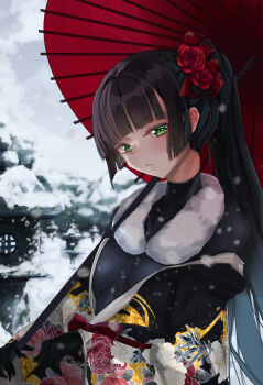 1girl architecture black_bodysuit black_gloves black_hair black_kimono blunt_bangs blush bodysuit bodysuit_under_clothes breasts east_asian_architecture floral_print flower fur_collar fur_trim gloves green_eyes hair_flower hair_ornament heaven_burns_red highres hime_cut holding holding_umbrella japanese_clothes kimono kimono_pull long_hair looking_at_viewer medium_breasts natsume_inori off_shoulder oil-paper_umbrella outdoors parted_lips ponytail print_kimono red_flower red_rose red_umbrella robe rose skin_tight snow snowing solo umbrella upper_body user_juda5744 winter