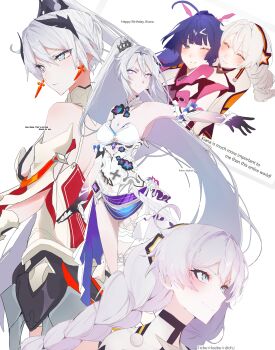 Rule 34 | 2girls, absurdres, ahoge, blue eyes, braid, breasts, cleavage, commentary request, cross, cross earrings, dress, earrings, english text, fuahina, happy birthday, high ponytail, highres, honkai (series), honkai impact 3rd, jewelry, kiana kaslana, kiana kaslana (herrscher of finality), kiana kaslana (herrscher of flamescion), kiana kaslana (white comet), long hair, medium breasts, multiple girls, multiple views, ponytail, purple eyes, purple hair, purple hands, raiden mei, smile, tiara, twin braids, very long hair, white dress, white hair