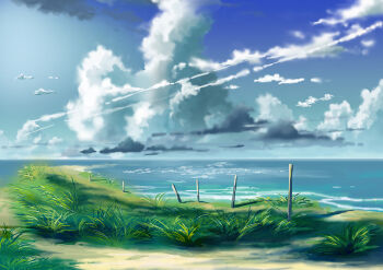 blue_sky cloud day grass no_humans ocean original outdoors remosse512 scenery sky water