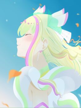 1girl ^_^ autumn_leaves bare_shoulders beads blonde_hair blue_sky bow circlet closed_eyes closed_mouth cure_zukyuun day detached_sleeves dress earrings eyelashes floating_hair fortissimo frilled_dress frills from_side hair_beads hair_bow hair_ornament hair_ribbon happy highres jewelry kimi_to_idol_precure leaf light_blush light_particles long_hair magical_girl mai_(syumiyamy) multicolored_hair musical_note musical_note_hair_ornament outdoors plaid_ribbon pointy_nose precure purirun_(precure) ribbon sidelocks sky sleeveless sleeveless_dress smile solo sphere_earrings streaked_hair upper_body white_bow white_dress white_ribbon wind