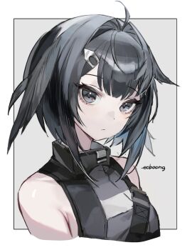 1girl ahoge arknights artist_name black_eyes black_hair black_shirt breasts chest_harness closed_mouth commentary cropped_torso english_commentary eoboong expressionless feather_hair grey_background hair_intakes hair_ornament hairclip happy_birthday harness la_pluma_(arknights) looking_at_viewer outside_border portrait shirt short_hair simple_background sleeveless small_breasts solo