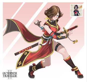 1girl black_boots black_sash blue_eyes blue_nails boots breasts brown_hair character_charm charm_(object) commentary_request copyright_name drawing_sword dress full_body hair_over_one_eye highres holding holding_sheath holding_sword holding_weapon holster japanese_clothes knife_sheath looking_at_viewer medium_breasts nail_polish obi octopath_traveler octopath_traveler_ii one_eye_covered open-toe_boots parted_lips pelvic_curtain photo_inset plantar_flexion ptdoge red_background red_dress sash sheath sheathed short_hair solo sword thigh_holster thigh_sheath thigh_strap throne_anguis undershirt vambraces weapon