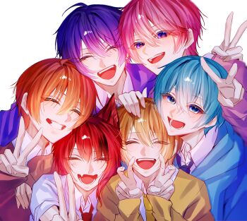 6+boys animal_ears bimigohan16 blonde_hair blue_eyes blue_hair blue_jacket closed_eyes colon_(stpri) double_v hand_on_another&#039;s_shoulder highres jacket jel_(stpri) looking_at_viewer male_focus multiple_boys nanamori_(stpri) open_mouth orange_hair pink_hair purple_eyes purple_hair red_hair rinu_(stpri) root_(stpri) satomi_(stpri) simple_background smile strawberry_prince upper_body v white_background yellow_jacket