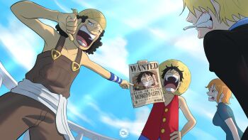 Rule 34 | 1girl, 3boys, bare shoulders, black hair, black jacket, blonde hair, blue shirt, blue sky, breasts, brown overalls, character name, cigarette, clenched teeth, closed eyes, cloud, cloudy sky, commentary, cowboy shot, english commentary, from side, hand on own hip, hat, holding, jacket, long nose, looking at another, medium breasts, monkey d. luffy, mouth hold, multiple boys, nami (one piece), one piece, open mouth, orange hair, outdoors, overalls, pointing, profile, red vest, sanji (one piece), sash, sergiromero, shirt, short hair, short sleeves, sky, straw hat, straw hat pirates, sweatdrop, teeth, teeth hold, thumbs down, upper body, usopp, vest, wanted poster, white sash