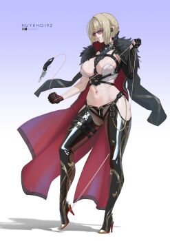 1girl absurdres adapted_costume armpit_crease bare_hips blonde_hair blue_eyes breasts coat commentary evelyn_chevalier full_body gloves gradient_background groin hair_bun half_gloves high_heels highres huykho192 knife large_breasts looking_at_viewer navel pixiv_logo revealing_clothes revision shiny_skin sidelocks single_glove single_half_glove skindentation solo stomach sunglasses symbol-only_commentary tachi-e thick_thighs thighs tsurime twitter_x_logo zenless_zone_zero