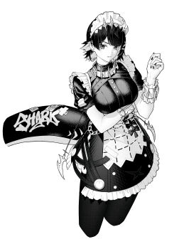 Rule 34 | 1girl, absurdres, anissa047, arm under breasts, black dress, black hair, black pantyhose, breasts, colored inner hair, commentary, cowboy shot, cropped legs, dress, ellen joe, english commentary, fins, fish tail, greyscale, hairband, hand up, highres, large breasts, looking at viewer, maid headdress, metal hairband, mole, mole on arm, mole under eye, monochrome, multicolored hair, nail polish, pantyhose, parted lips, razor blade hair ornament, scar, scar on tail, shark girl, shark tail, short hair, simple background, solo, spiked headband, tail, white background, zenless zone zero