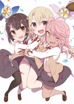 3girls black_hair blue_panties blush breasts brown_eyes chloe_von_einzbern dark-skinned_female dark_skin fate/kaleid_liner_prisma_illya fate_(series) hair_between_eyes hair_ornament hairclip homurabara_academy_school_uniform illyasviel_von_einzbern loli long_hair looking_at_viewer magical_ruby magical_sapphire miyu_edelfelt multiple_girls open_mouth orange_eyes p_answer panties pink_hair pink_panties purple_panties red_eyes school_uniform sidelocks small_breasts smile underwear white_hair