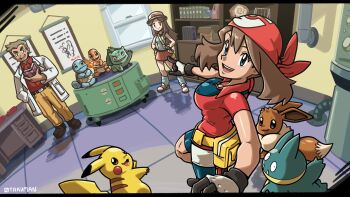 1boy 2girls absurdres bandana bike_shorts blue_eyes book breasts brown_hair bulbasaur butterfree charmander commentary desk eevee english_commentary fanny_pack fire flame-tipped_tail frog gen_1_pokemon gen_4_pokemon gloves helix_fossil highres holding holding_book leaf_(pokemon) long_hair looking_at_viewer making-of_available may_(pokemon) medium_breasts multiple_girls munchlax nintendo open_mouth otakuman pikachu plant_monster poke_ball pokemon pokemon_(anime) pokemon_(classic_anime) pokemon_(creature) pokemon_firered_and_leafgreen pokemon_ruby/sapphire/emerald professor_oak red_shirt shirt smile squirtle tail turtle window