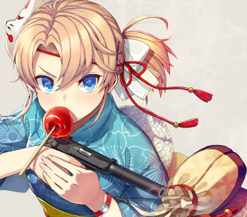 1girl blonde_girl_(itou) blonde_hair blue_eyes blue_kimono blush bow candy_apple casing_ejection center_axis_relock_stance commentary floral_print food food_in_mouth fox_mask grey_background gun hair_between_eyes hair_bow handgun highres holding holding_gun holding_weapon itou_(onsoku_tassha) japanese_clothes kimono looking_at_viewer mask mask_on_head mouth_hold obi original ponytail print_kimono sash shell_casing short_ponytail side_ponytail simple_background smoke smoking_barrel solo suppressor walther walther_ppk watch weapon wide_sleeves wristwatch yukata