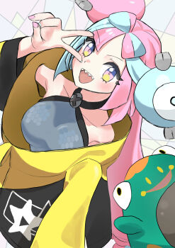 1girl absurdres an_puru bare_shoulders bellibolt blue_hair bow-shaped_hair breasts character_hair_ornament collarbone colored_skin commentary_request criss-cross_halter fake_hair_bun frog gen_1_pokemon green_skin hair_ornament halter_shirt halterneck hand_up hexagon_print highres iono_(pokemon) jacket long_hair long_sleeves magnemite medium_breasts multicolored_hair nintendo open_mouth oversized_clothes pink_hair pokemon pokemon_(creature) pokemon_sv sharp_teeth sleeves_past_wrists smile split-color_hair teeth v x_(symbol) yellow_jacket