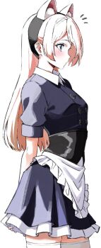 Rule 34 | 1girl, animal ears, apron, arms behind back, blonde hair, blue dress, blue eyes, blush, cat ears, collared dress, commentary, corset, dress, fake animal ears, from side, hairband, highres, jervis (halloween) (kancolle), jervis (kancolle), kantai collection, looking ahead, neju, notice lines, short sleeves, simple background, skindentation, solo, thighhighs, waist apron, white background